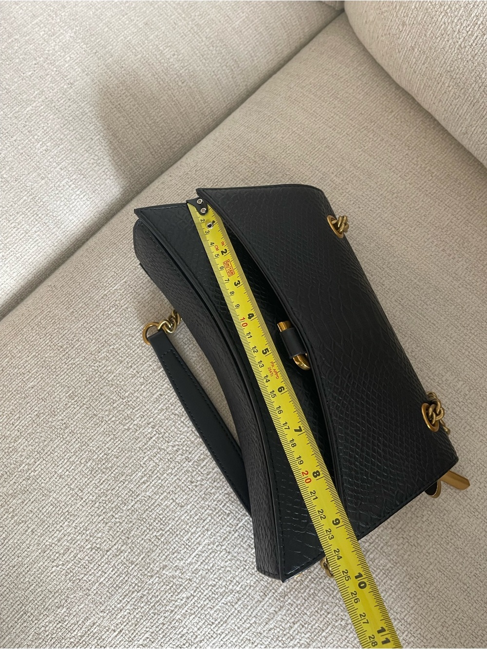 Black Textured Shoulder Bag with Gold Chain Handles - Picture 9 of 10